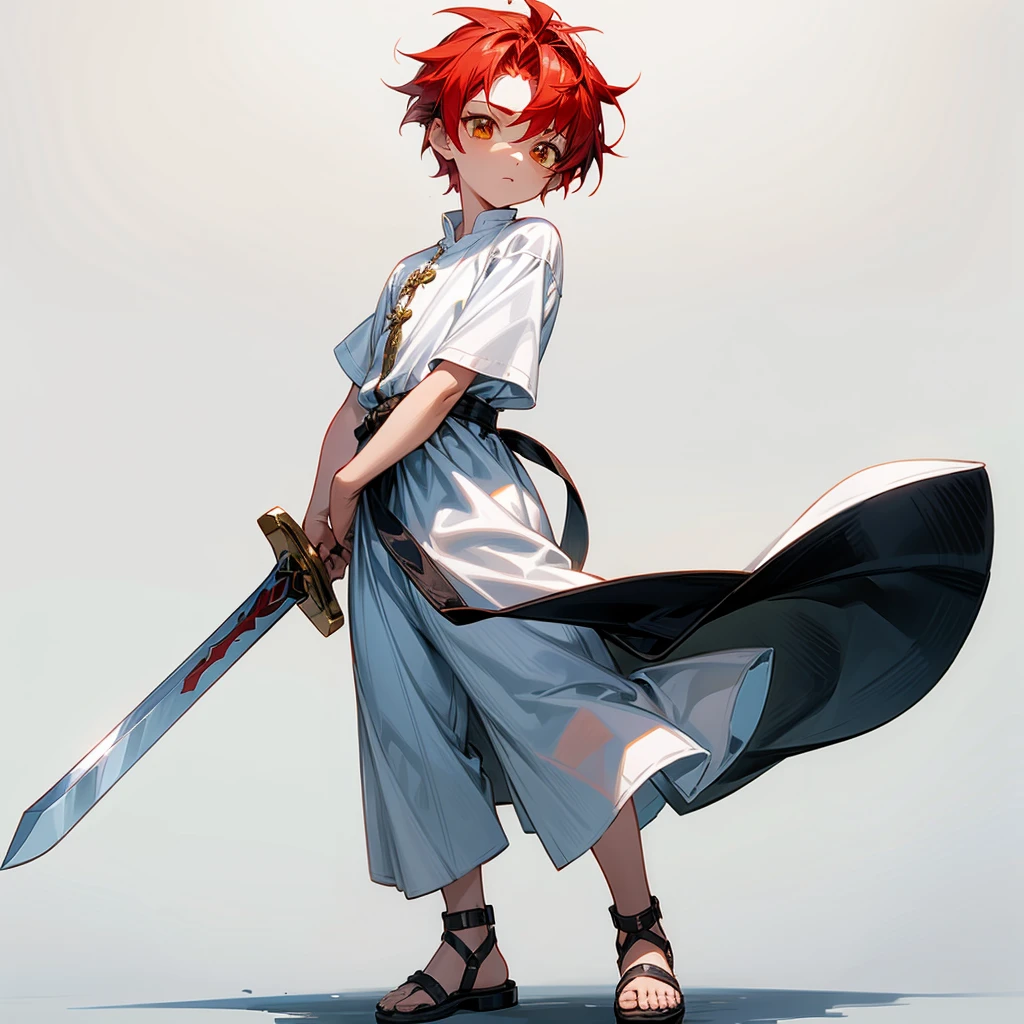 1little boys, Full body version, gold eyes, undercut hair, red colour hair, plain full white tunic Roman clothing, short sleeve shirt, gladiator sandals, plain sword in hand, Grassroots background 