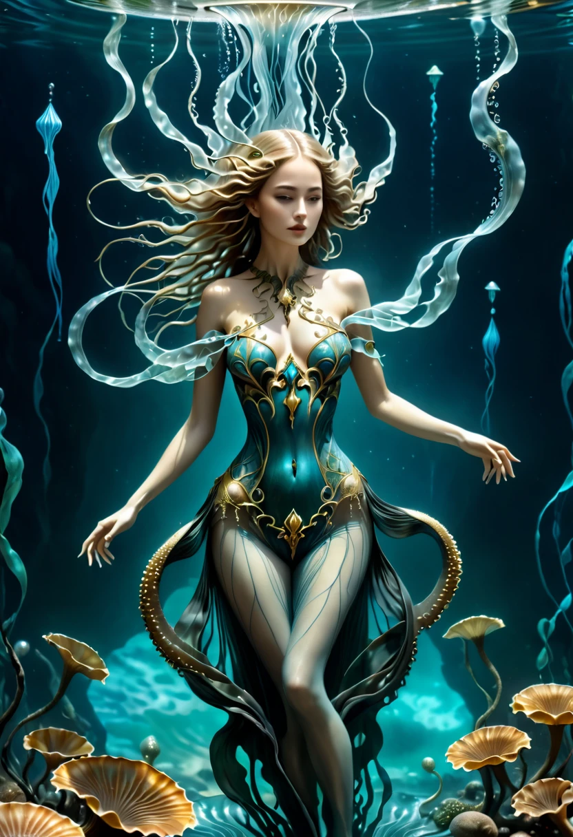 a beautiful water goddess, water elemental woman floating in the sea, ghostly jellyfish tentacles, intricate flowing bodysuit, seaweed, Hans Ruedi Giger bio-mechanical style, fantasy art nouveau tarot card style, (best quality,4k,8k,highres,masterpiece:1.2),ultra-detailed,(realistic,photorealistic,photo-realistic:1.37),dramatic lighting,vibrant colors,stunning details