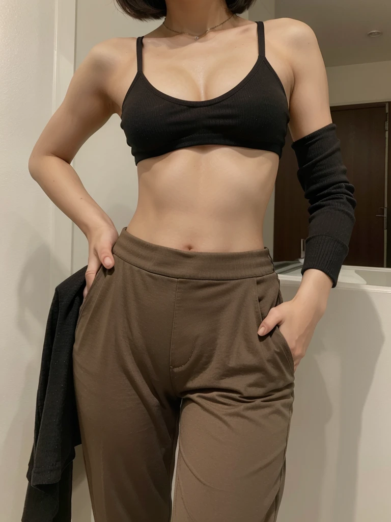 20 year old girl, Korean face, has a slim body, natural and firm breasts, short hair and dark brown color. Wearing a crop top and pants. Standing pose. Happy smiling. The image quality is the best, and it looks realistic and authentic.