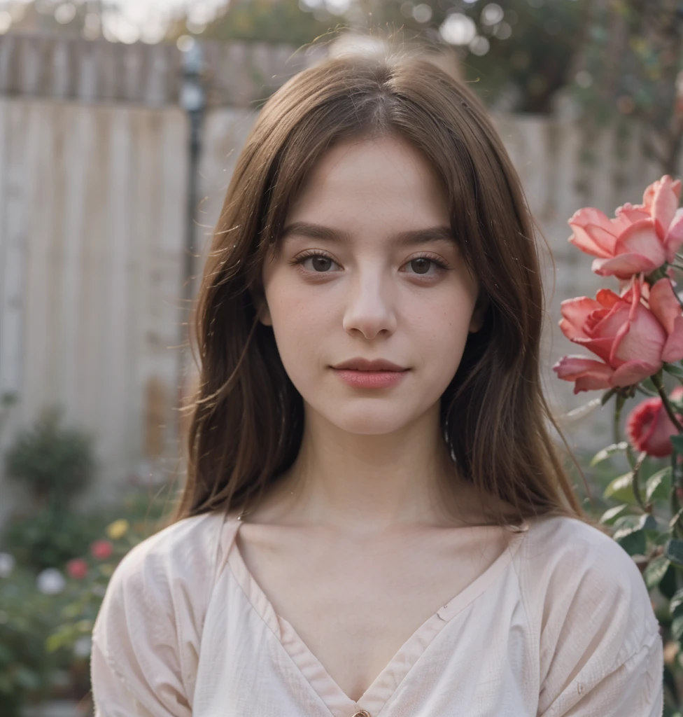((best quality)), ((masterpiece)), (detailed), 8k, RAW photo, Fujifilm, style photo of a beautiful young woman as avril in a garden of light pink roses (highly detailed skin: 1.2) Style-Petal BREAK long hair, blonde hair with colored locks, wearing a dress (red color), film granulation, 35mm, cute style, blurred background