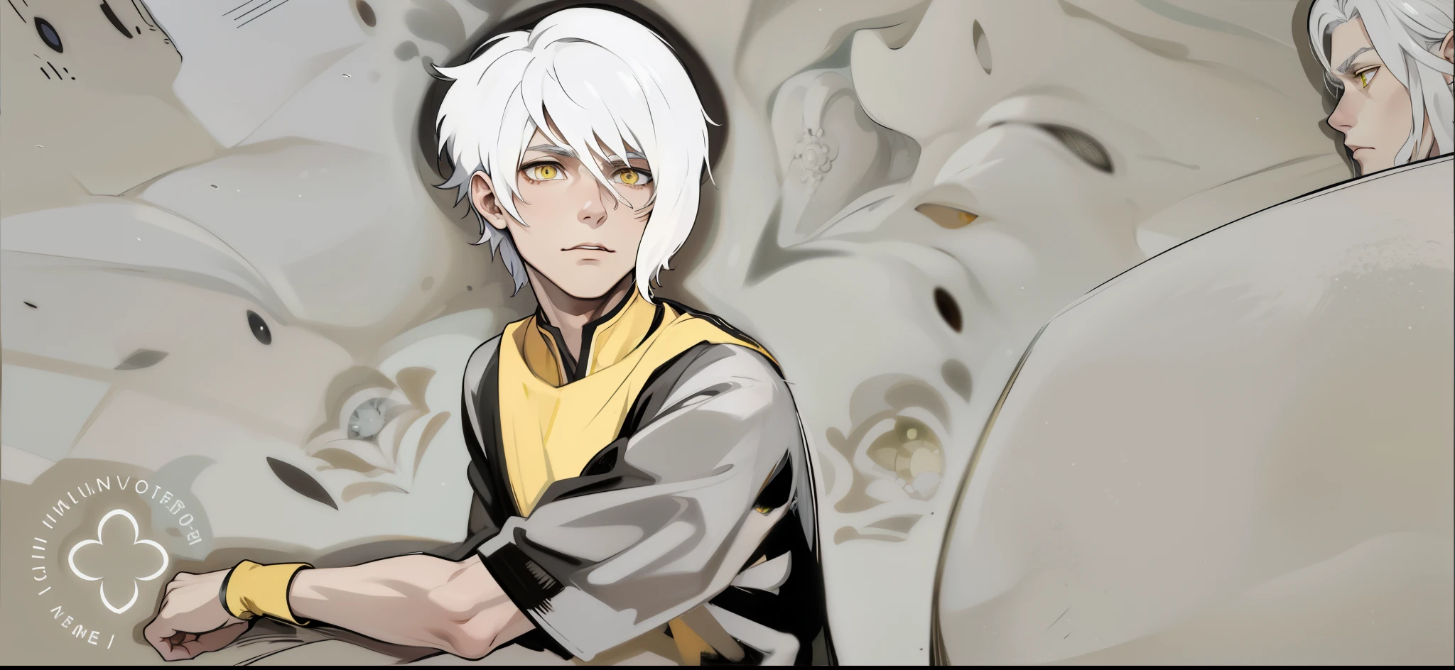 There is a 27-year-old man with white hair and yellow eyes. He is talking about something serious.