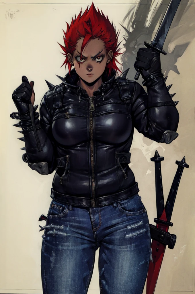 Dorohedoro Style, sexy young girl, a scary mask with short red hair sticking out from under it, a heavy leather jacket with spikes, jeans, a girl holding a sword