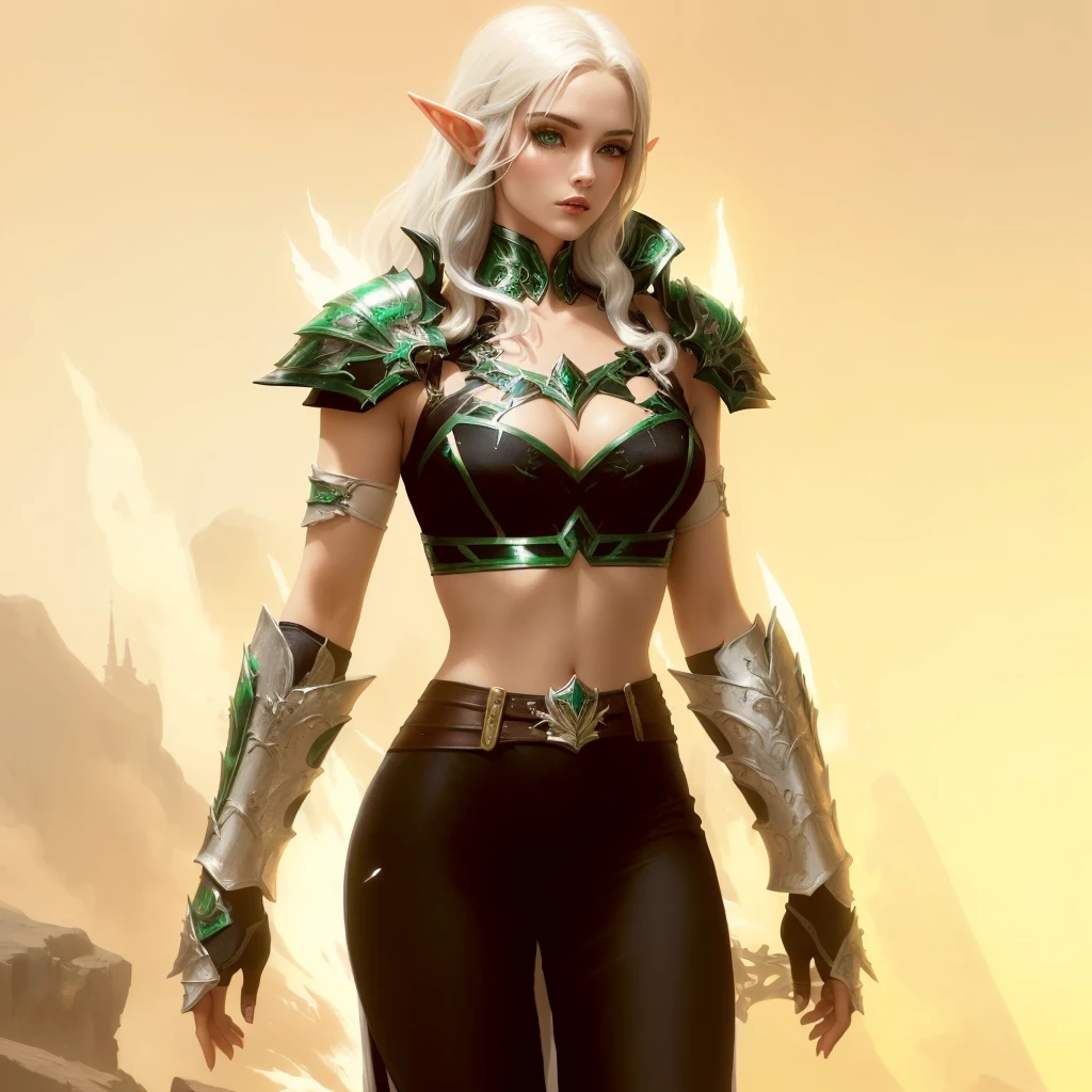 there is a woman with a white hair and a green and black outfit, a blonde emerald warrior, clothed in ethereal battle armor, sleek glowing armor, alluring mesmer woman, wearing shiny breastplate, sleek bright white armor, fantasy outfit, from guild wars, warrior outfit, dressed like a cleric, sleek white armor, female elf, wearing sleek armor
