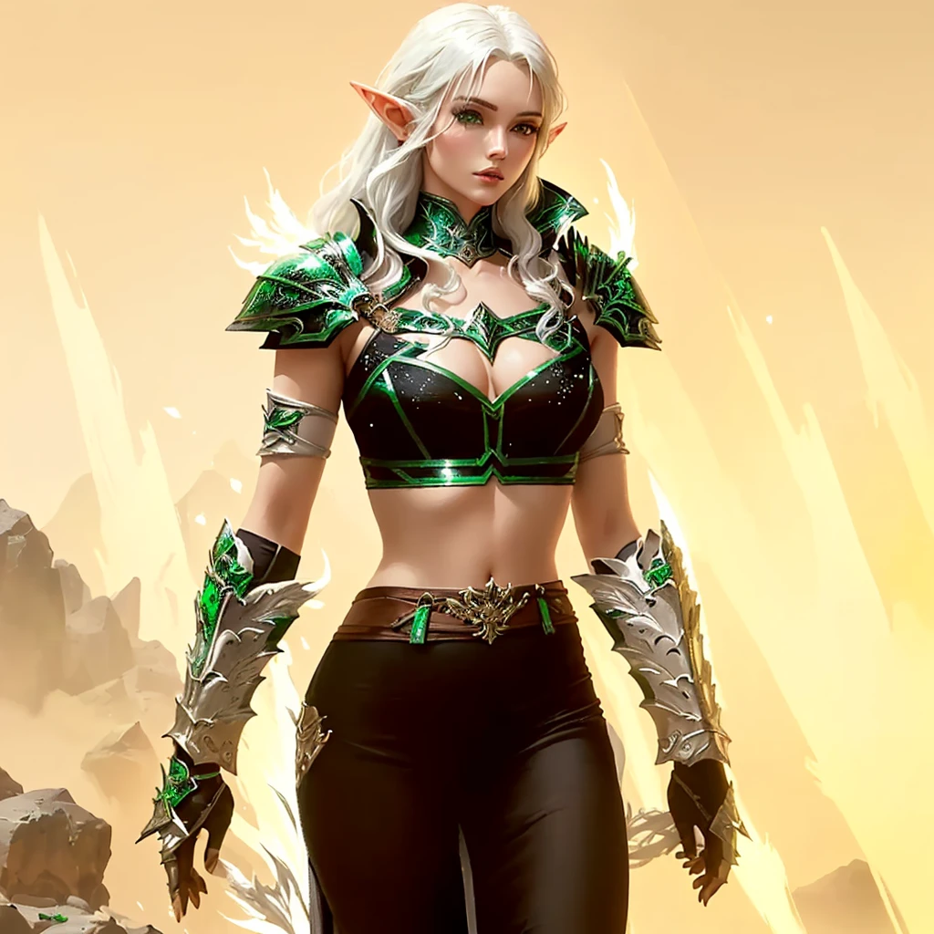 there is a woman with a white hair and a green and black outfit, a blonde emerald warrior, clothed in ethereal battle armor, sleek glowing armor, alluring mesmer woman, wearing shiny breastplate, sleek bright white armor, fantasy outfit, from guild wars, warrior outfit, dressed like a cleric, sleek white armor, female elf, wearing sleek armor
