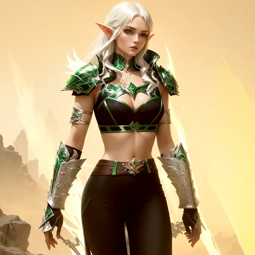there is a woman with a white hair and a green and black outfit, a blonde emerald warrior, clothed in ethereal battle armor, sleek glowing armor, alluring mesmer woman, wearing shiny breastplate, sleek bright white armor, fantasy outfit, from guild wars, warrior outfit, dressed like a cleric, sleek white armor, female elf, wearing sleek armor