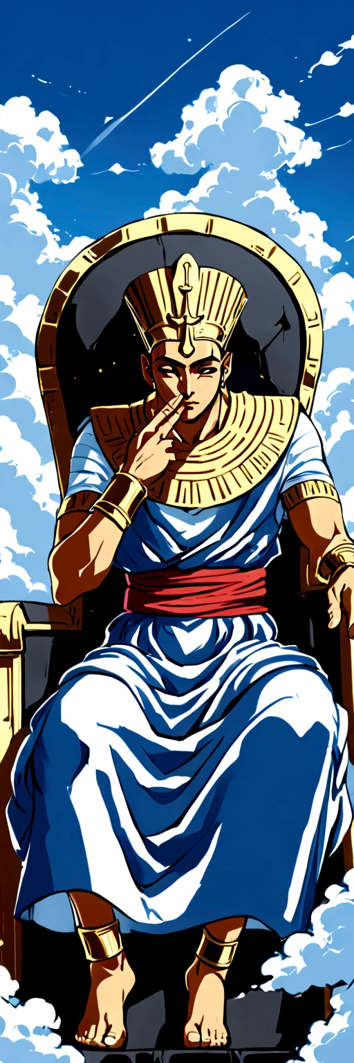 Divine egyptian king dressed in robes and gold accessories,  sitting on a throne mad of clouds in the sky 