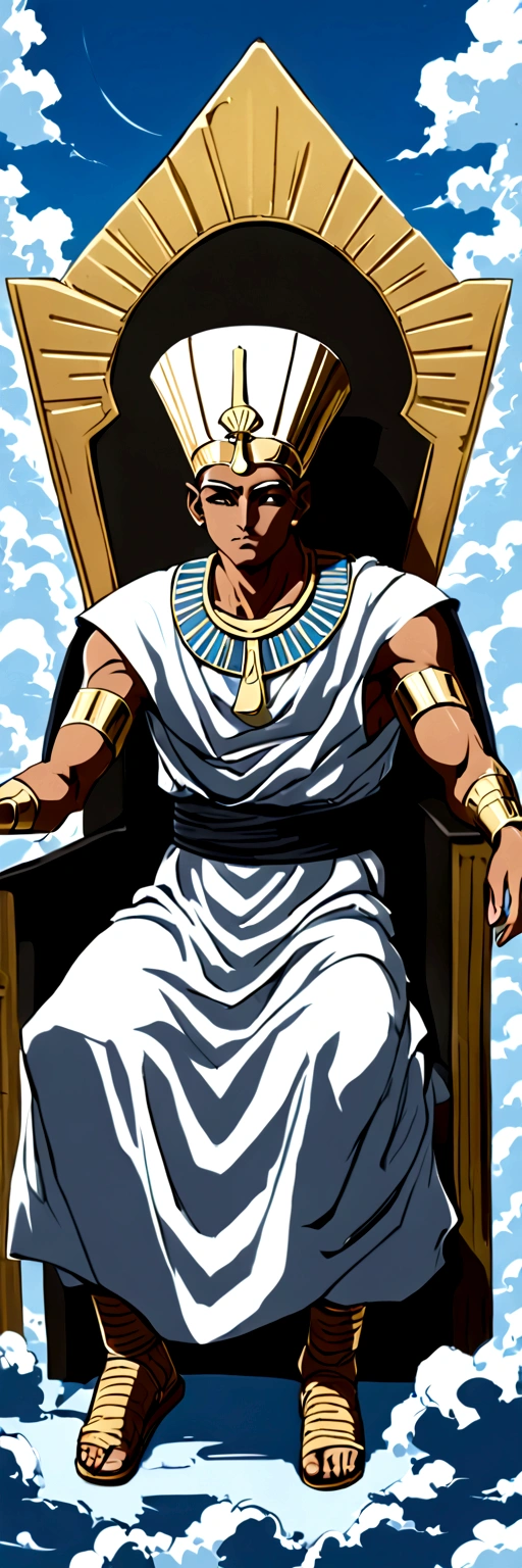 Divine egyptian king dressed in robes and gold accessories,  sitting on a throne mad of clouds in the sky 