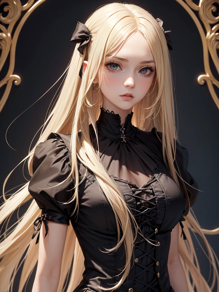 (best quality), 1girl, female, porcelain skin, blonde hair, straight hair, medium hair, swoopy tips, Flipped-up ends, brown eyes, perfect eyes, slender, , (gothic clothes), small bust, shy, masterpiece, anatomically correct, highres

