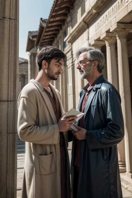 A humorous illustration showing two philosophers arguing in front of the Library of Pergamum. One of them says: “With another 200 thousand parchments, How will I remember all the titles?”, while the other responds: “At least you don’t have to remember everything, only where to find!”