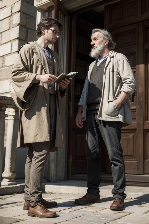 A humorous illustration showing two philosophers arguing in front of the Library of Pergamum. One of them says: “With another 200 thousand parchments, How will I remember all the titles?”, while the other responds: “At least you don’t have to remember everything, only where to find!”