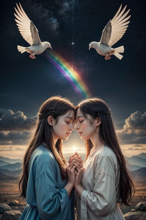 Two groups of people coming together in peace, rainbow or dove in the sky, symbolizing reconciliation and peace, high quality, peaceful painting, warm tones, detailed faces, harmonious atmosphere, symbolic, unity, optimistic, traditional art style, atmospheric lighting