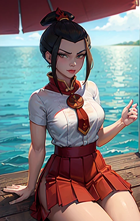 masterpiece, best quality, solo, 1girl, azula, closed mouth, smirk, makeup, décolleté, (white shirt, miniskirt, panties), wide hips, laying down, faint red mermaid tail, no scales, lipstick, looking at the viewer, school background, erotica, gyaru, schoolgirl-whore, corrupt, tattoo on jiaote