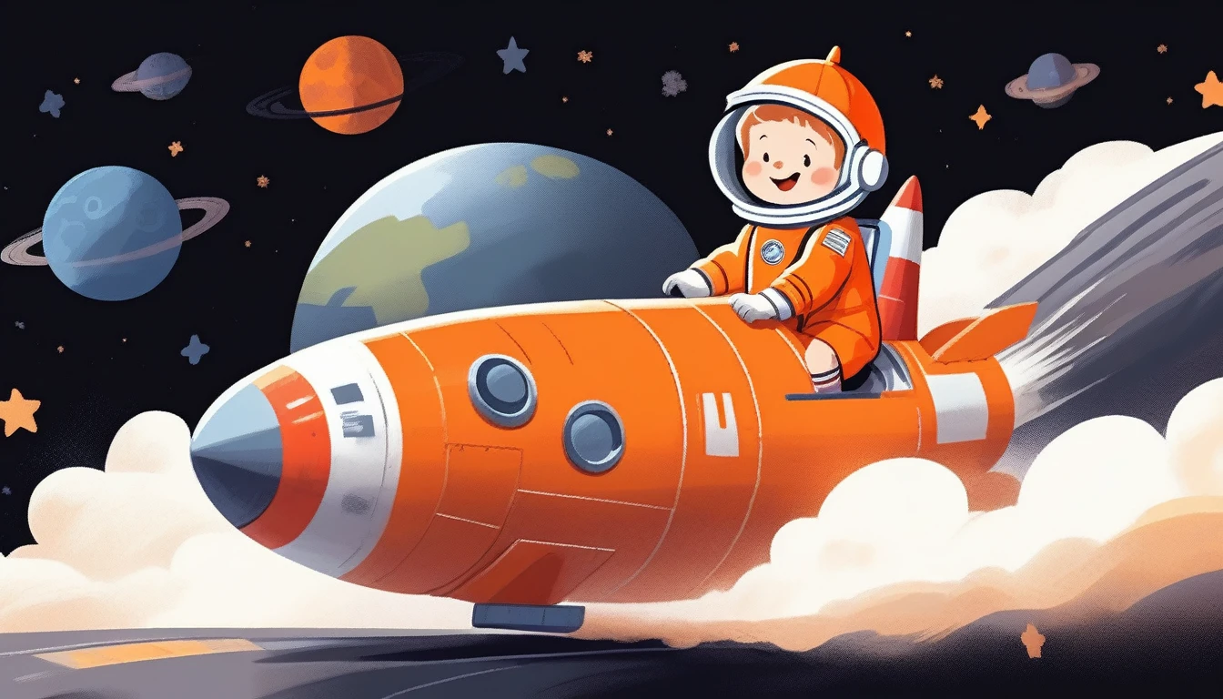 children's picture books,crayon paintings,black background,simple background, A little boy on a rocket, facing the camera, happy, orange uniform, urss, slowly approaching, with high definition and quality,