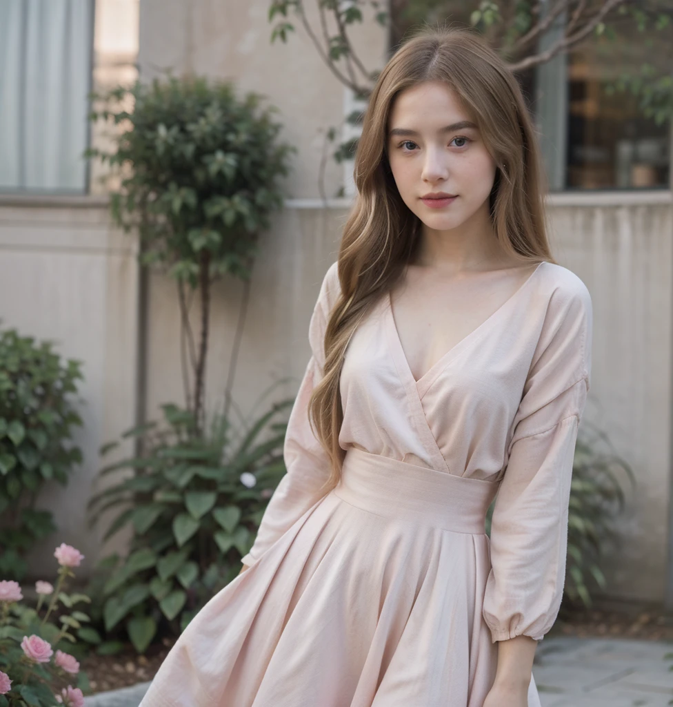 ((best quality)), ((masterpiece)), (detailed), 8k, RAW photo, Fujifilm, style photo of a beautiful young woman as avril in a garden of light pink roses (highly detailed skin: 1.2) Style-Petal BREAK long hair, blonde hair with colored locks, wearing a dress (red color), film granulation, 35mm, cute style, white background