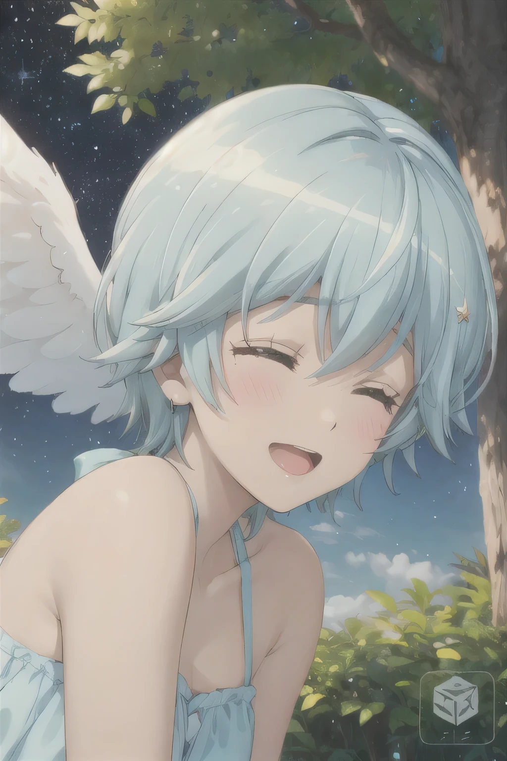 Under the tree,,Angel,Sing with eyes closed,Starry Sky,Blue Hair