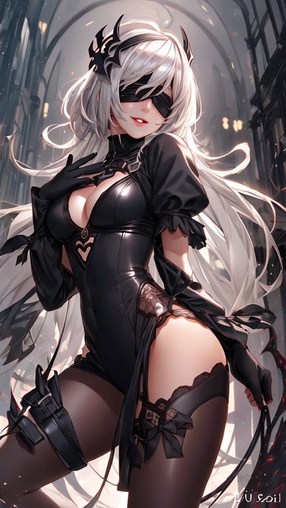 Epic CG masterpiece, hdr,DTM, full ha,8K, ultra detailed graphic tension, dynamic poses, stunning colors, 3D rendering, Surrealism, cinematic lighting effects, Realism, 00 renderer, super realistic, Super view, super wide Angle, HD
blury background,automata inspired、dark,Nier Automata Characters、Nier Automata Cosplay、(High Resolution、4K、highest quality) Inspired by Nier、A girl in a black outfit holding a sword: Automata。Girls、((Both eyes are completely covered with a black blindfold.))、Delicate and beautiful silvery white short hair、Infected by the symbiote,Beautiful detailed lips、And has a highly detailed face with fine skin texture。,symbiote,The girl&#39;s black outfit is made of shiny leather material.Symbiote-infected clothing、Gives a stylish and futuristic look。、Reflecting sunlight。The blade is intricately engraved、The craftsmanship shines through。Girl&#39;s hair blowing in the wind、Adds dynamic movement to the scene。The overall image is realistic and photorealistic.dark fantasy,Sharp focus and vibrant colors、Enhances visual impact。This artwork is from Nier : It captures the essence of Automata.Symbiote、It pays tribute to the iconic character 2b.。,
depth of field,An ultrarealistic full body photo of woman in fighting venom symbiote, black venom symbiote tentacles, laying deep in dark black liquid , evil smile, evil glowing eyes, hyper realistic, 8K,
1gir, solo,lips, (shiny skin:1.5)skin tight,grey eyes,
spider web print,
