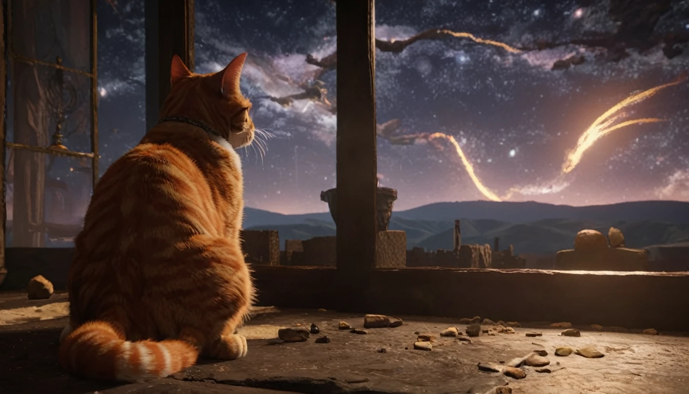 starscourgexl ginger cat,scenery with glowing falling electricity stars in the background,awardwinning,masterpiece,((realistic)),128k UHD,octane render,sharp focus,trending on artstation,raw photograpy, ((no humans))