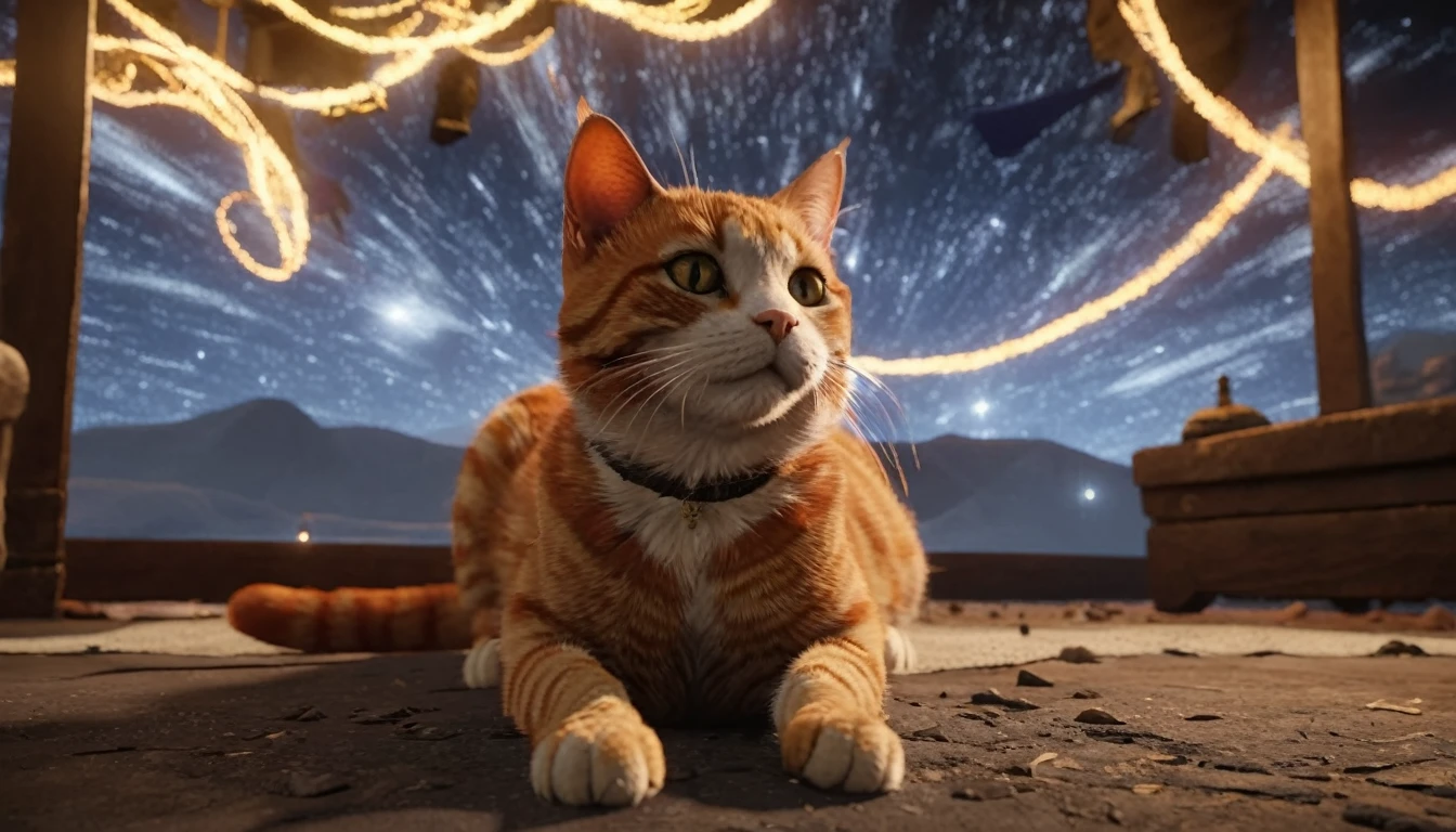 starscourgexl ginger cat,scenery with glowing falling electricity stars in the background,awardwinning,masterpiece,((realistic)),128k UHD,octane render,sharp focus,trending on artstation,raw photograpy, ((no humans))