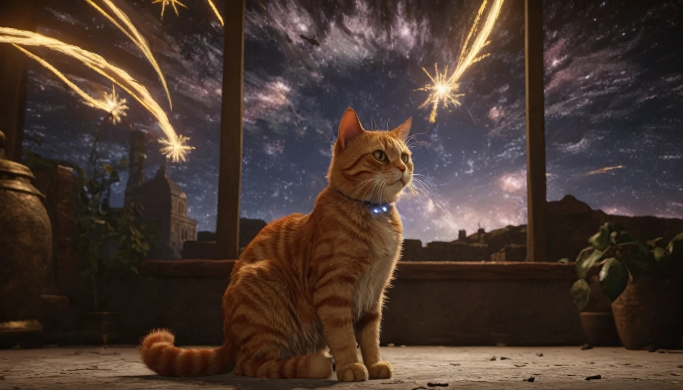 starscourgexl ginger cat,scenery with glowing falling electricity stars in the background,awardwinning,masterpiece,((realistic)),128k UHD,octane render,sharp focus,trending on artstation,raw photograpy, ((no humans))