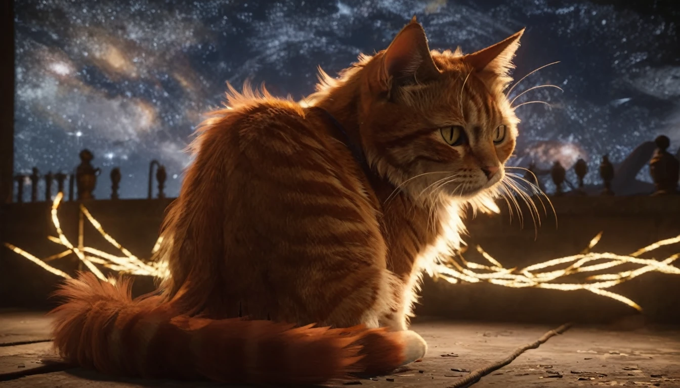 starscourgexl ginger cat,scenery with glowing falling electricity stars in the background,awardwinning,masterpiece,((realistic)),128k UHD,octane render,sharp focus,trending on artstation,raw photograpy, ((no humans))