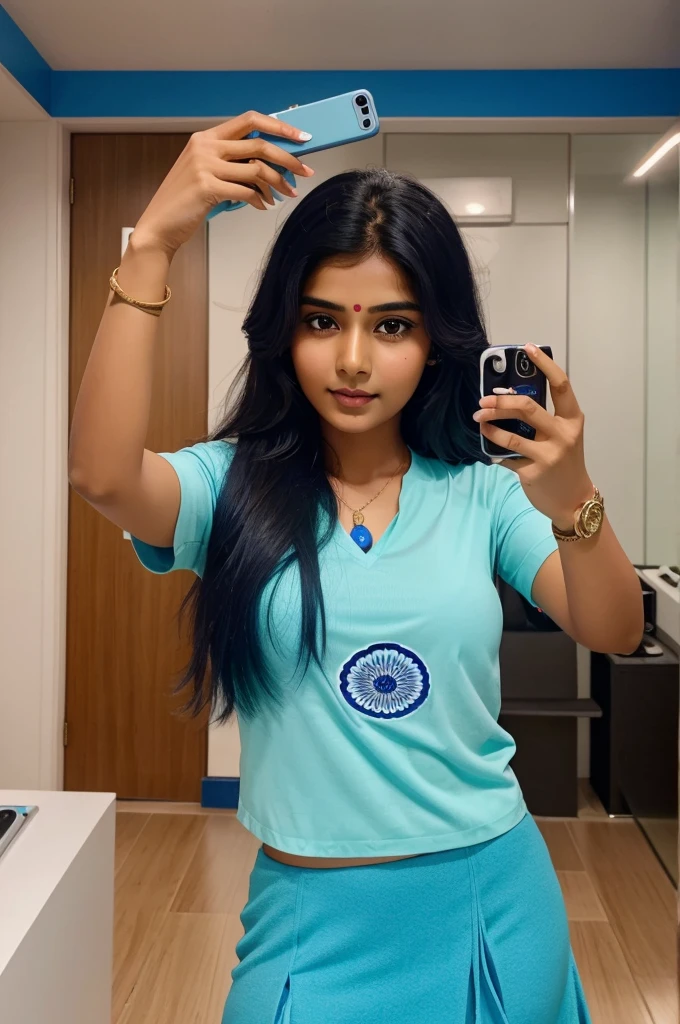 A Indian girl take a selfie in trial room, she pari a india churidar , her phone model is Vivo y15, phone cover is blue