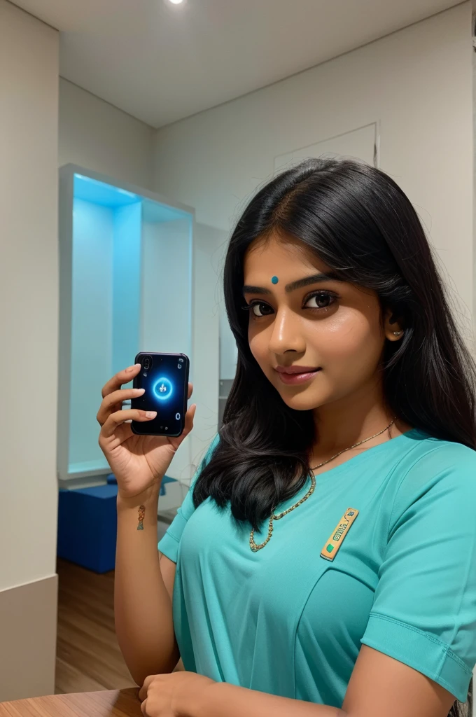 A Indian girl take a selfie in trial room, she pari a kurti and pant , her phone model is Vivo y 15