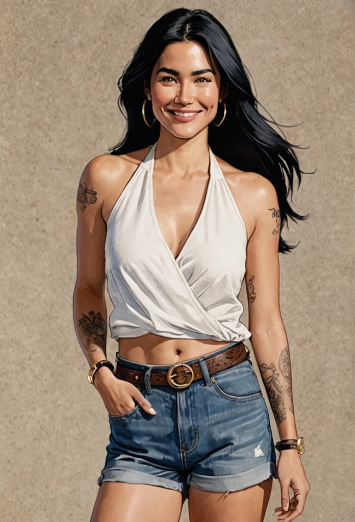 Create a detailed sketch of a woman standing in a casual pose. Her body is oriented slightly to the left, with her left arm hanging down and her right arm partially visible. She has long, straight black hair that flows down past her shoulders and dark, well-defined eyebrows. The woman is smiling softly, giving her a friendly and approachable expression.
She is wearing a white halter top that crosses at the chest, revealing her midriff. The top is fitted and wraps around her neck, leaving her shoulders exposed. She is also wearing high-waisted blue denim shorts with frayed edges, which add a casual and trendy touch to her outfit.
Pay special attention to her tattoos:
1. On her left shoulder, there is a tattoo that reads "Família" in elegant script, accompanied by a small heart symbol.
2. On her right upper arm, she has a prominent tribal design tattoo.
3. Her left forearm features a detailed floral tattoo.
She is accessorized with a gold wristwatch on her left wrist. The overall color scheme for the sketch should include natural skin tones, white for the top, blue for the shorts, and black for the hair. Highlight the details in her tattoos and the texture of her clothing for added realism.