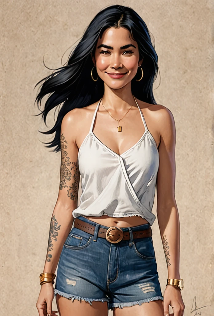 Create a detailed sketch of a woman standing in a casual pose. Her body is oriented slightly to the left, with her left arm hanging down and her right arm partially visible. She has long, straight black hair that flows down past her shoulders and dark, well-defined eyebrows. The woman is smiling softly, giving her a friendly and approachable expression.
She is wearing a white halter top that crosses at the chest, revealing her midriff. The top is fitted and wraps around her neck, leaving her shoulders exposed. She is also wearing high-waisted blue denim shorts with frayed edges, which add a casual and trendy touch to her outfit.
Pay special attention to her tattoos:
1. On her left shoulder, there is a tattoo that reads "Família" in elegant script, accompanied by a small heart symbol.
2. On her right upper arm, she has a prominent tribal design tattoo.
3. Her left forearm features a detailed floral tattoo.
She is accessorized with a gold wristwatch on her left wrist. The overall color scheme for the sketch should include natural skin tones, white for the top, blue for the shorts, and black for the hair. Highlight the details in her tattoos and the texture of her clothing for added realism.