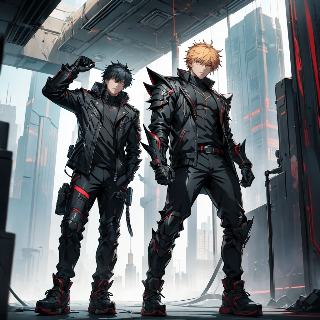 male character. in black clothes. in a futuristic setting. strong. wears futuristic cyberpunk-style armor.