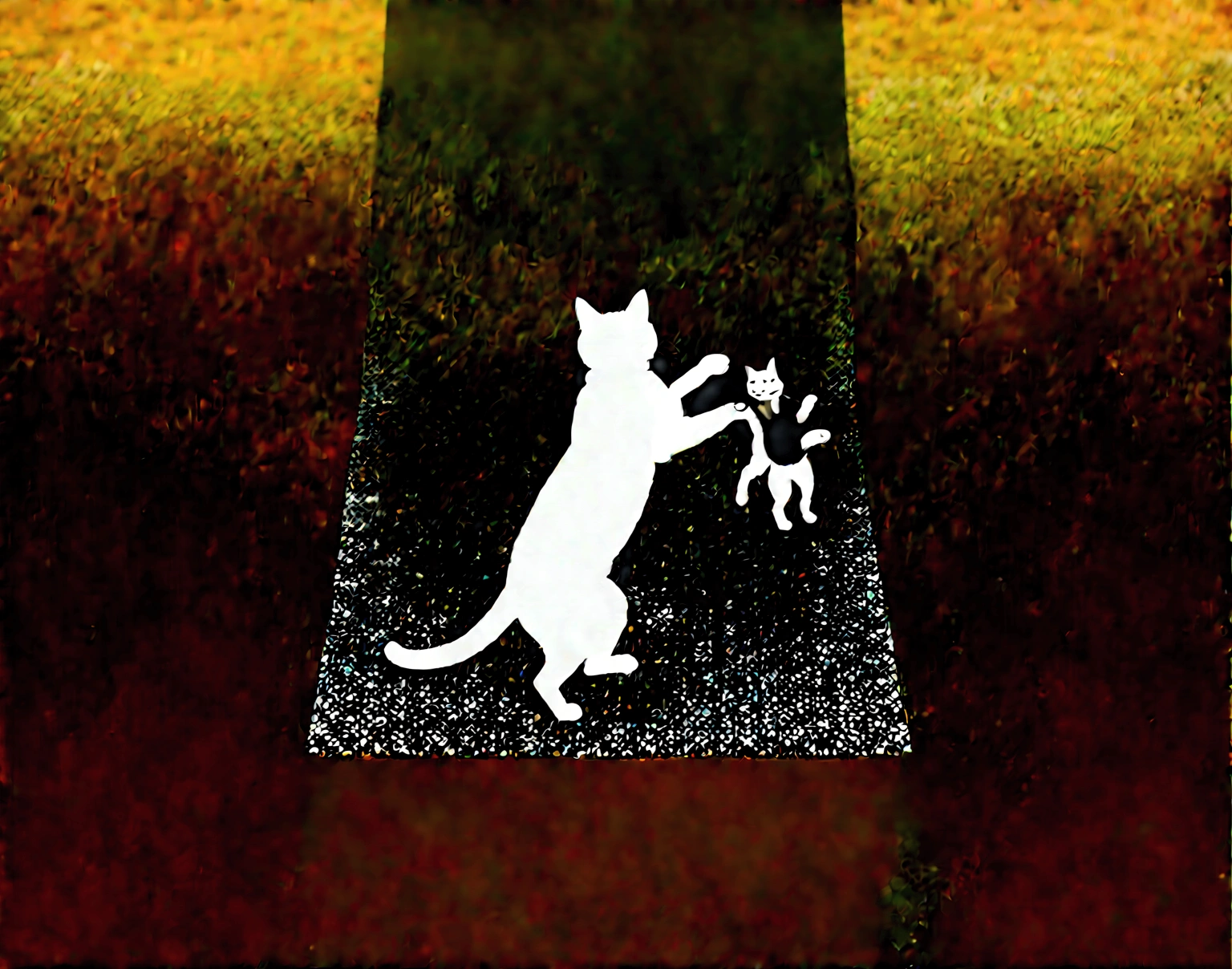 orange white cat playing with black white cat in the middle of beautifull field at morning