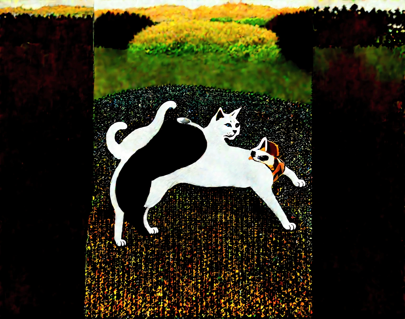 orange white cat playing with black white cat in the middle of beautifull field at morning