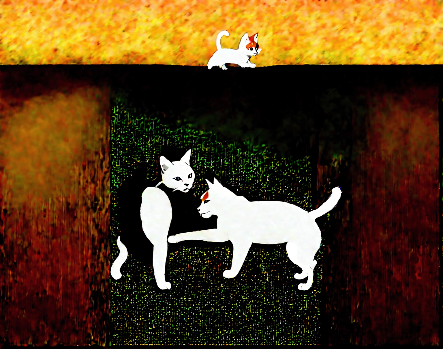 orange white cat playing with black white cat in the middle of beautifull field at morning