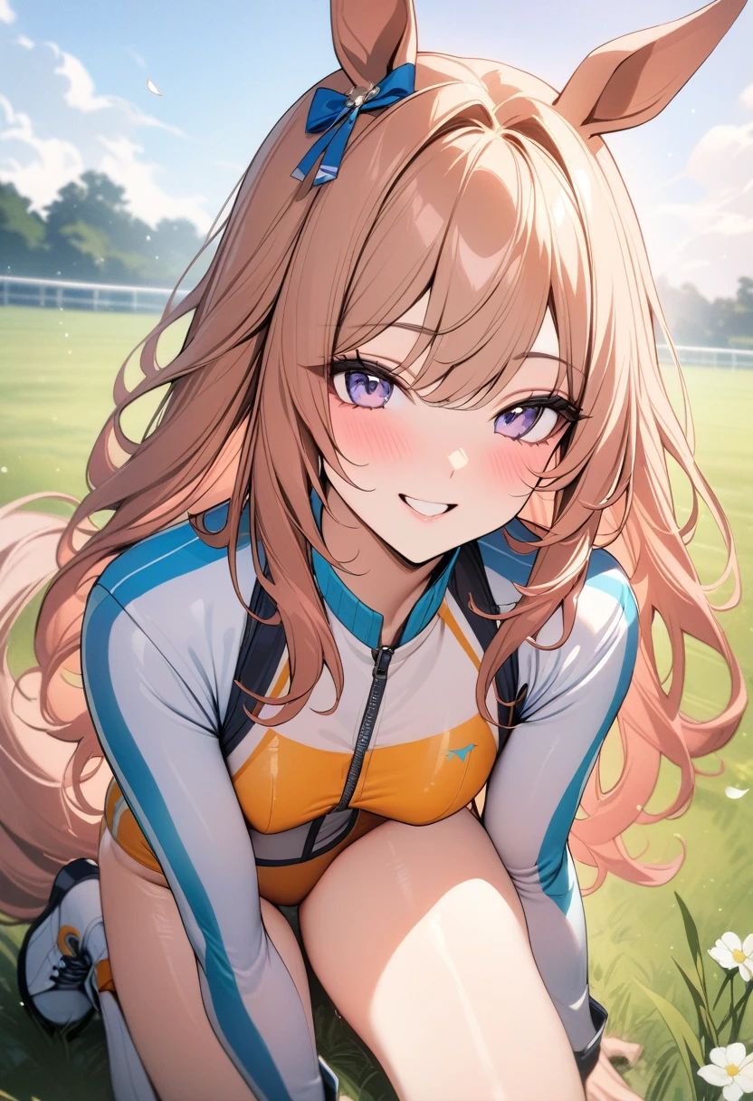 ((最high quality, 8K, masterpiece)), High resolution、(high quality: 1.5)、Very detailed、Detailed face、Bright colors、Natural light、Fine grain、Colorful eyes、Beautiful Face、非常にDetailed faceのテクスチャの女性,masterpiece, 最high quality, Detailed and beautiful eyes,最high quality、Best image quality、masterpiece、Mr.々Hairstyle,Blonde,Pink Hair,Just beautiful,mature female,独奏,smile,posing,smile,(Fictional Horse Girl),(Fictional Horse Girlのデザイン),New Uma Musume design,skirt,boots,accessories,(Competition clothes:1.3),Horse ears,Horse tail,Posing,field,masterpiece,最high quality、so beautiful、High resolution,((Glamorous Body))),(masterpiece:1.2)、(最high quality:1.2)、Latest Glossy Skin