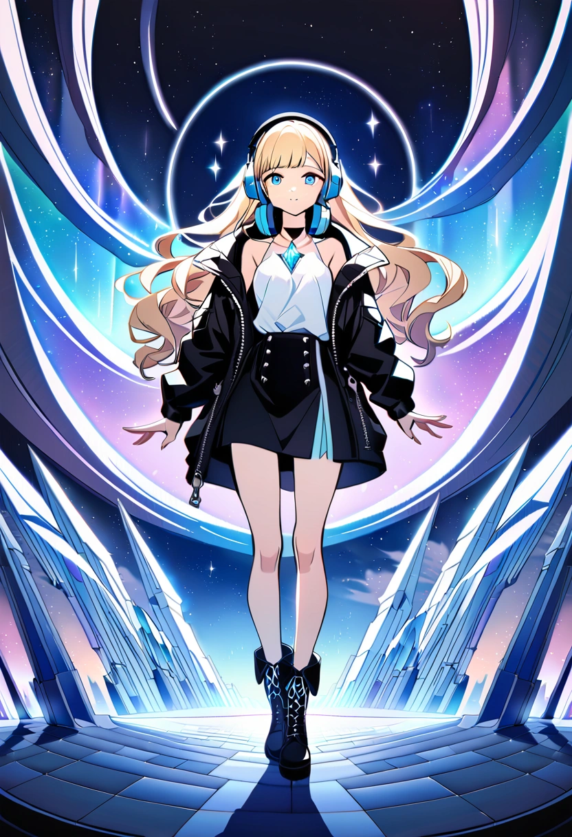 Anime Style　whole body　Blonde　Blue Eyes　Wavy Hair　Long Hair　Slit eyes　cool　cute　beautiful girl　168cm　17 years old　Punk Fashion　Black leather jacket　Removed black hood　White blouse　Black Skirt　Headphones on neck　Black boots　Dark Night　Cyber City　Different world　Gloomy air　Aurora　Light blue clouds　Fantasy　ice　Diamond dust　snow　吹snow　Beautiful feet　Shoulder baring　clear