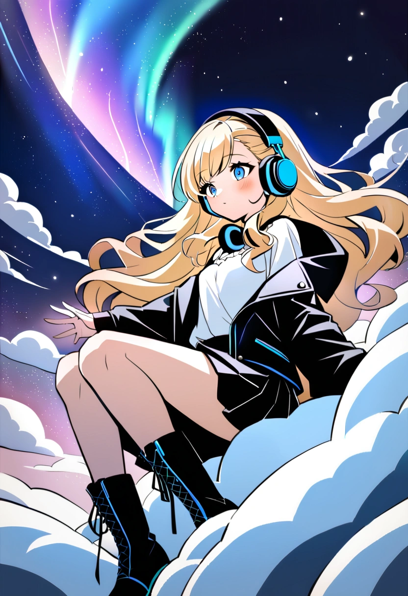 Anime Style　whole body　Blonde　Blue Eyes　Wavy Hair　Long Hair　Slit eyes　cool　cute　beautiful girl　168cm　17 years old　Punk Fashion　Black leather jacket　Removed black hood　White blouse　Black Skirt　Headphones on neck　Black boots　Dark Night　Cyber City　Different world　Gloomy air　Aurora　Light blue clouds　Fantasy　ice　Diamond dust　snow　吹snow　Beautiful feet　Shoulder baring　clear