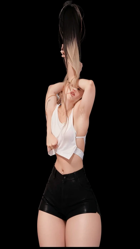 A beautiful girl with fair skin, wearing a white crop top and black shorts.