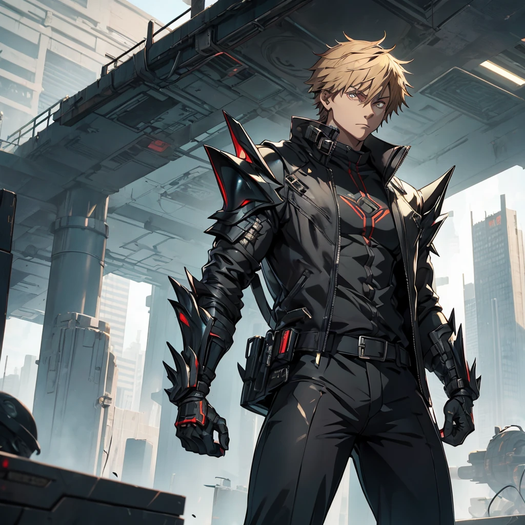 male character. in black clothes. in a futuristic setting. strong. wears futuristic cyberpunk-style armor.