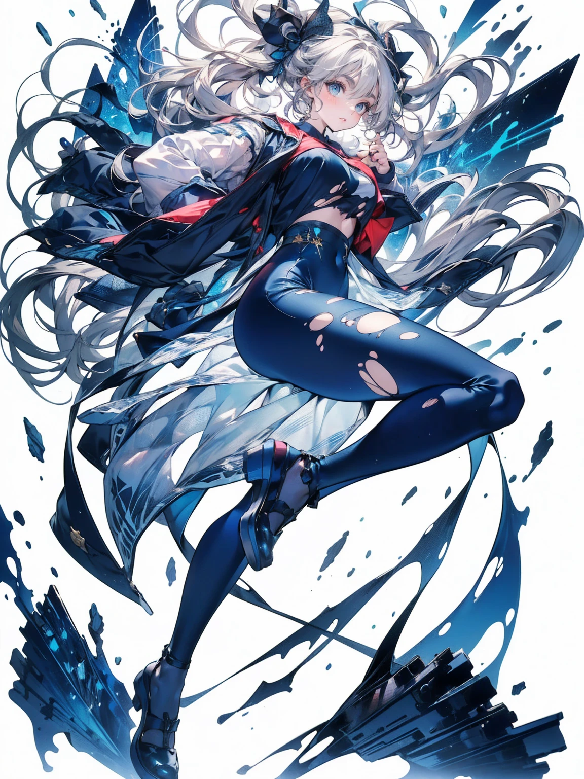 , (White Hair Girl), (Thick, dark blue eyebrows:1.4), (Dark blue eyebrows:1.7), (Thick eyebrows:1.3), (Huge black fluffy animal ears:1.1), (Black animal ears:1.1), BREAK, (((Mesh Stitching Crop T-Shirt, Cutout Long Sleeve Top))),BREAK, (Big Breasts:1.2, Thick legs, Adult female body, Sturdy body:1.5, Japanese style costume:1.5, Beautifully colored kimono:1.5,), ((Action pose:1.4 )), (sharp eyes, Ultra-high definition CG, Precisely designed costumes, 4K, 8K, Ultra-high definition CG, Precisely designed costumes, Clear lines, Expressive and Captivating Eyes, Fine Details and Realistic Textures, cinematic lighting), ((white background)), BREAK, (Wearing black leggings with holes), Skinny sleeves, (Torn and holey leggings:1.2)(Black leggings:1.4), (過剰なRuggedThick soleブーツを履いています:1.2), (Thick sole:1.5), (Big shoes:1.3),