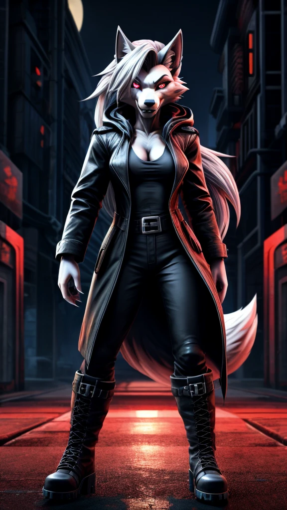 Loona from Helluva Boss, female wolf, anthro, mature adult, white hair, grey eyes, infected with blacklight virus, based and inspired by Prototype game series, hooded trench coat, black shirt, pants, boots, glowing red eyes with visible iris, sharp claws, smile, visible fangs, mutant, standing, menacing, detailed, solo, beautiful, high quality, full body, 4K