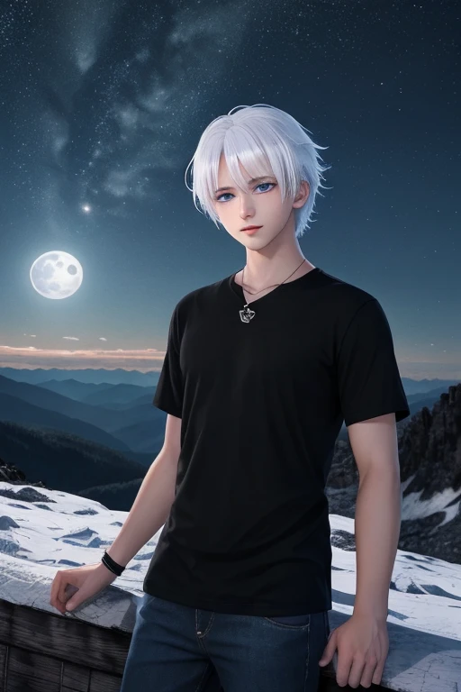 White haired anime boy with light blue eyes,black shirt,white bottom,cute,hot,beautiful,18 years old,revanimated,3d,cyberrealistic,DreamShaper,in the moonlight,on top of the mountain,beautiful night sky,