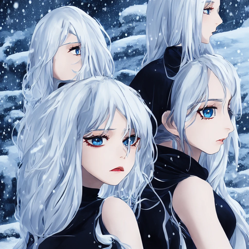 1girl, solo, tall, long hair, snow-white hair, wavy hair, long eyelashes, blue eyes, no pupils, black velvet dress, thoughtful look, blue fan, mouth closed, serious face, drooping eyelids, black crown