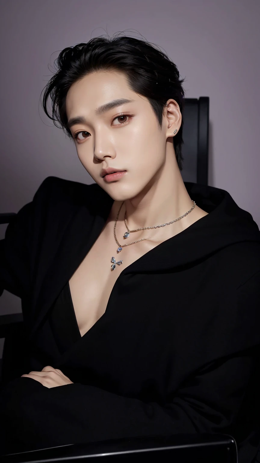 a closeup of a person sitting in a chair wearing a necklace, cai xukun, jia, hyung tae, mark lee, delicate androgynous prince, jin kim, hong june hyung, hsiao-ron, Yanjun Chengt, beautiful androgynous prince, kim taejin, jinyoung shin, Shiny from the rain, hyung tae kim, kai exo, EXO, JONGIN EXO, KIM JONG-IN