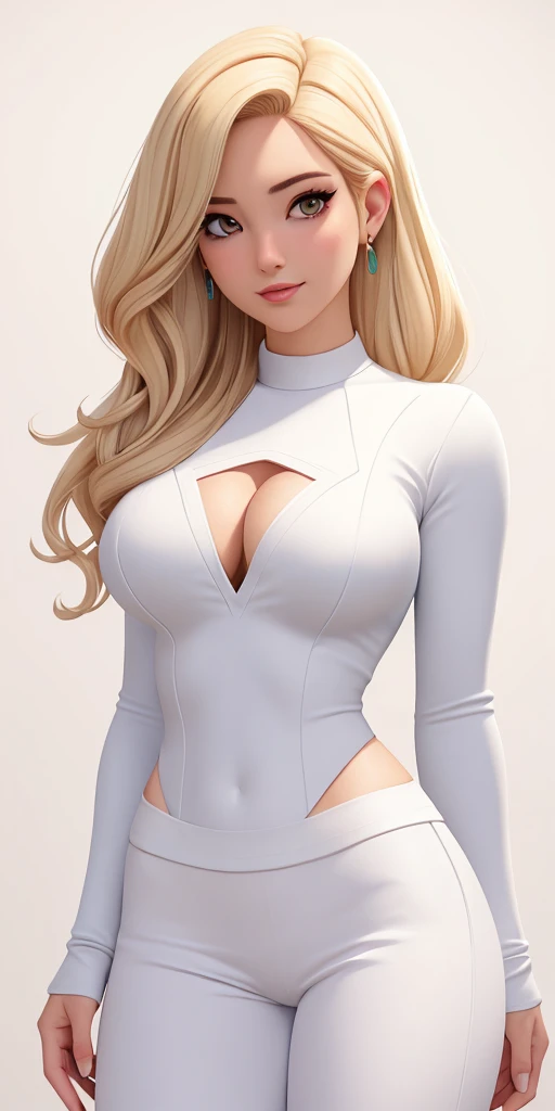 Masterpiece, highly detailed, high res, dynamic, A image of a woman in a white top and white pants, fanart da coelhinha lola, commission for high resolution, CO Commission, Gwen Stacy, corpo perfeitamente sombreado, Emma Geada, Retrato de Emma Frost, Deusa loira, desenhado no estilo de artgerm, em roupas brancas, corpo perfeito sombreado realista, Betty Cooper, It&#39;s not artgerm style, ((((Massive breasts)))), (muscular), ((((huge muscles))))