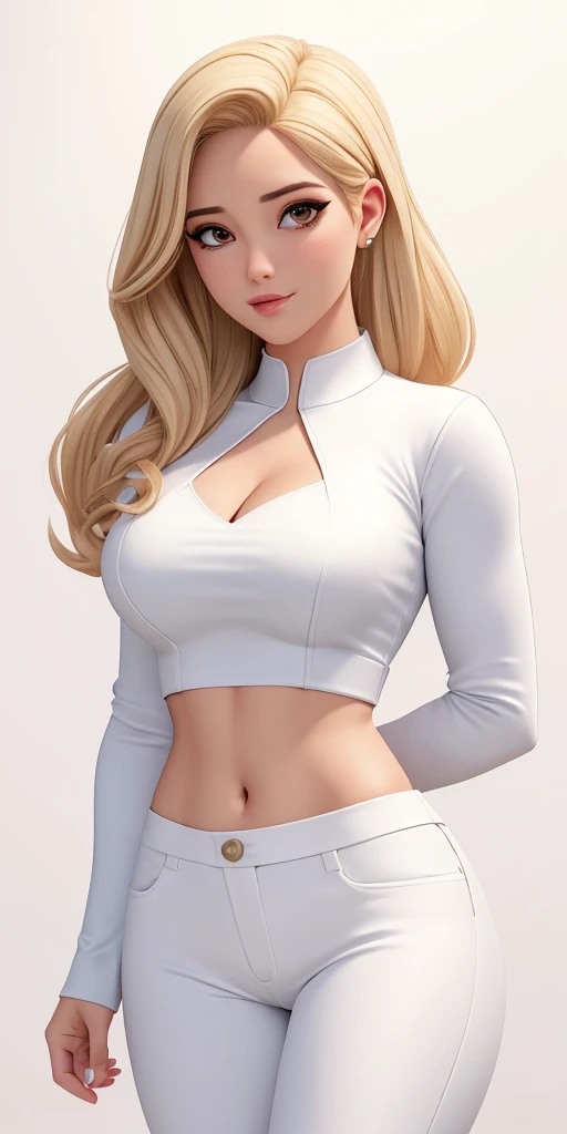 Masterpiece, highly detailed, high res, dynamic, A image of a woman in a white top and white pants, fanart da coelhinha lola, commission for high resolution, CO Commission, Gwen Stacy, corpo perfeitamente sombreado, Emma Geada, Retrato de Emma Frost, Deusa loira, desenhado no estilo de artgerm, em roupas brancas, corpo perfeito sombreado realista, Betty Cooper, It's not artgerm style, ((((Massive breasts)))), (muscular), ((((huge muscles))))