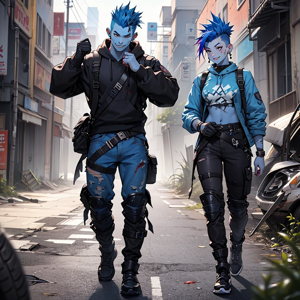 score_9, score_8_up, score_7_up, score_6_up, score_5_up, score_4_up, (((blue skin, full body blue skin))), PnyCmicXLPOS, 1girl, solo, detailed, Expressiveh, athletic, fit, muscular, freckles over body, (ear piercings, eyebrow piercing), healthy, beautiful, female, standing, black roadwarrior armor, mad max fashion, smiley face painted on chest, (full body view, head to toes), perfect hands, double ok sign, elven ears, ((multicolored hair, rainbow colored hair, (long hair), mohawk, (shaved sides))), violet eyes, (cyberware lines embedded in her/his face), IncrsAnyasHehFaceMeme, grin, apocalyptic, BattleDamage, cuts, bruises, damaged, torn clothes, blood, outdoors, apocalyptic ruins, large blurry demon in background
