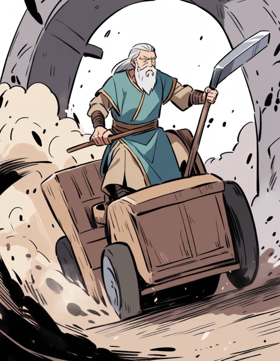 Old man with beard and ancient tunic, driving a small stake into the ground with a hammer ((side image))
