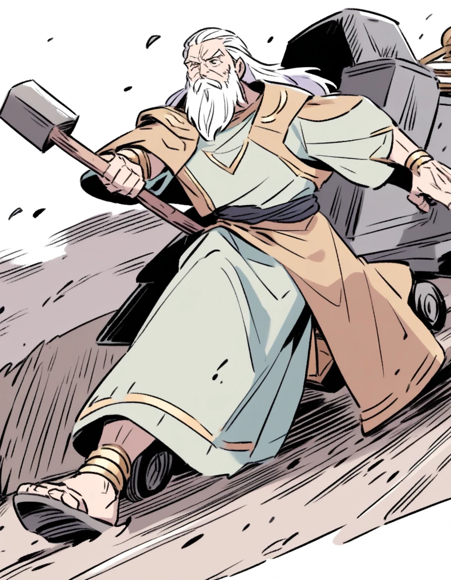 Old man with beard and ancient tunic, driving a small stake into the ground with a hammer ((side image))