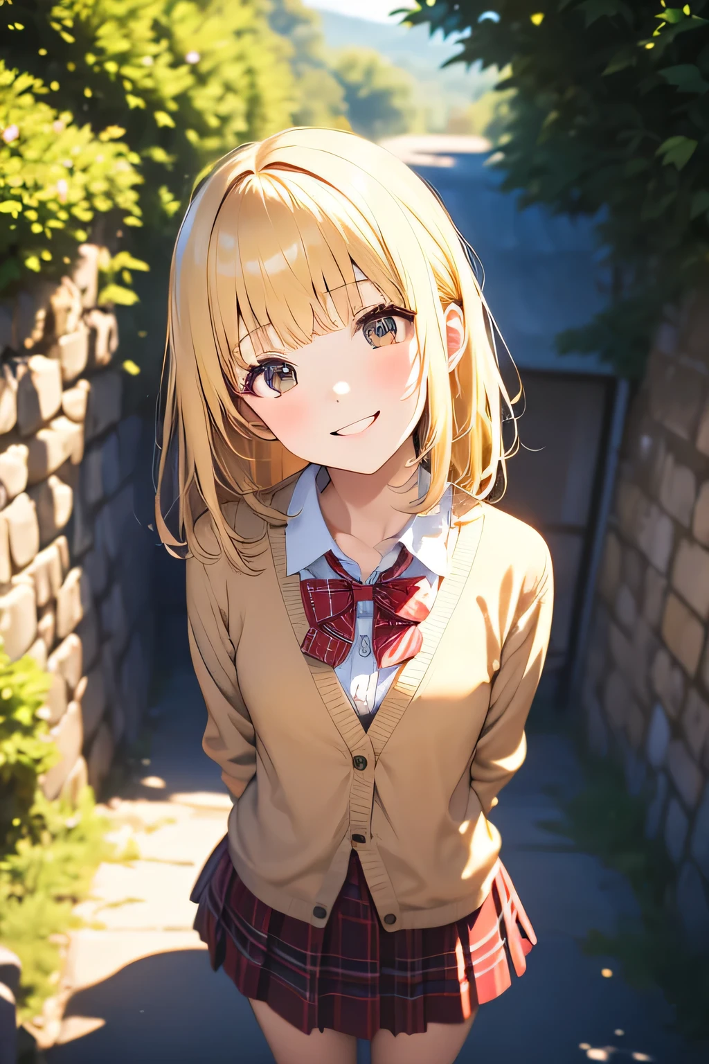 cute 1girl, blonde hair, (straight hair), bangs on one side, head tilt, (waist), light brown cardigan, plaid skirt, red bowtie, arms behind back, looking at viewer, happy smile, entrance, outdoor, from above, age, (depth of field), masterpiece, best quality