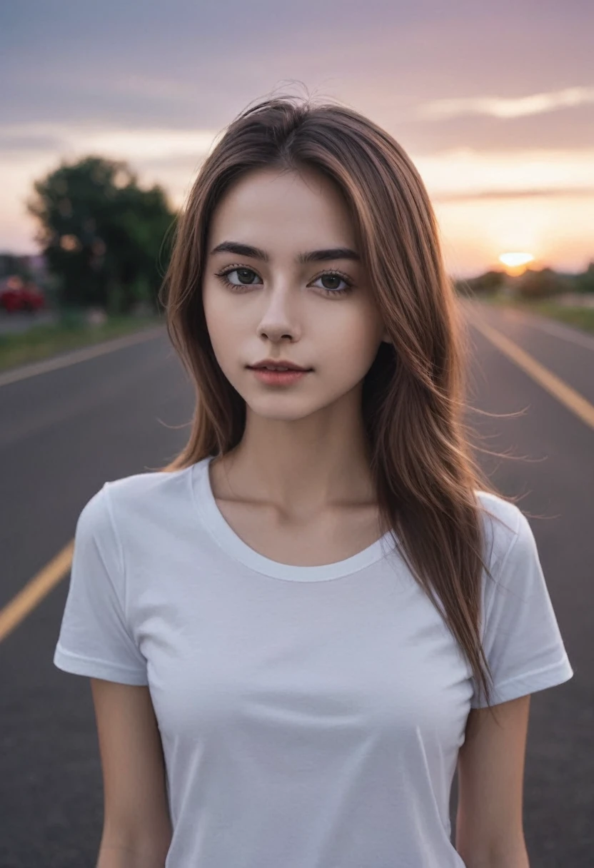 Selfie photo of skinny young teen female, medium dark blonde hair, white skin, looks in camera, photography, black t-shirt, cinematic, fashion photo, beautiful dusk sky, clouds, best quality, professional