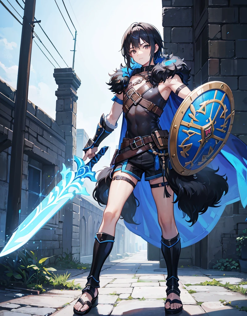 Young boy with black hair, brown eyes and fair skin, innocent and happy, wearing neon blue barbarian fur tunic, black shorts, gauntlets and sandals, weilding sword and shield, blue armor, fullbody, medieval background, boyish athletic